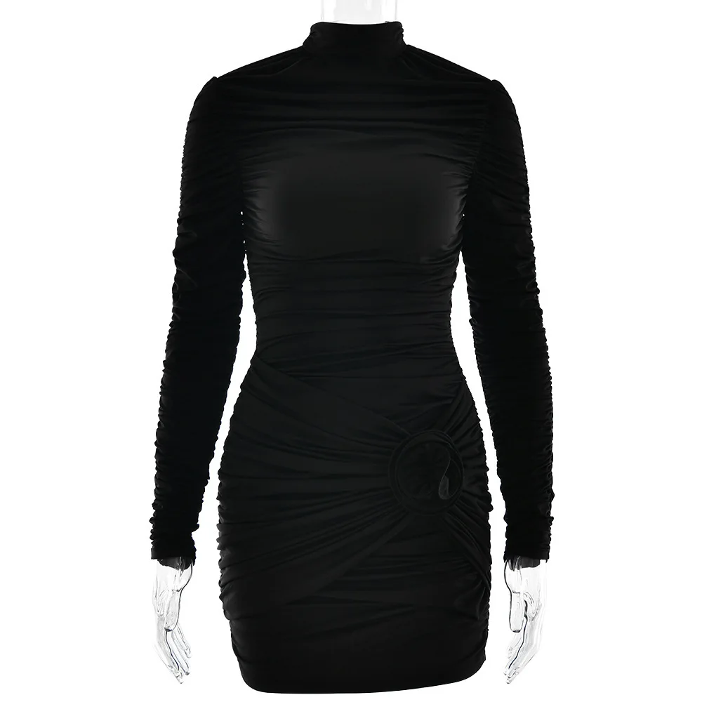 Hot-selling nieuwe ronde hals lange mouw effen kleur bodycon jurk sexy ruches slim fit gebloemde jurk jurk gewaad vestido vrouwen