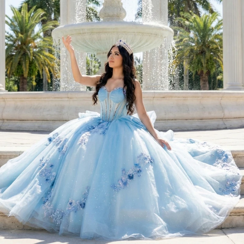 

Sky Blue Shiny Quinceanera Dresses Off Shoulder Ball Gown Sweet 16 Dress Applique Flower Beading Crystal Bow Tull Birthday Party