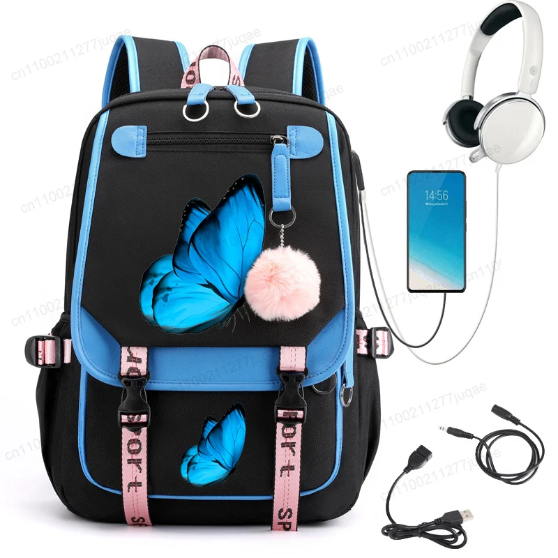 

Blue Butterfly Anime Print Backpack Teen Student Mochilas Casual Fashion Travel School Bag Girls Boys Campus Storage Daypack