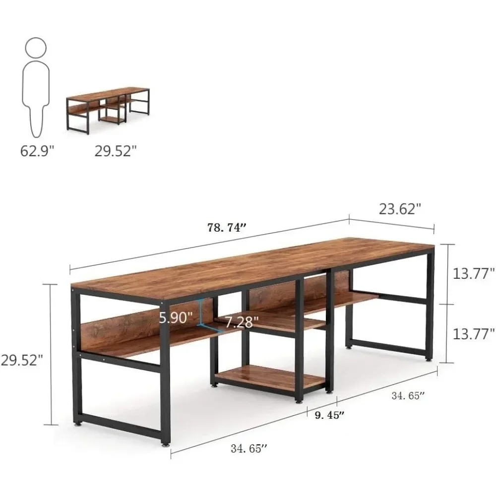 Twee Persoons Bureau Met Boekenplank, 78.7 Computer Kantoor Dubbel Bureau Voor Twee Persoons, Rustieke Schrijfbureau Werkstation Voor Thuiskantoor