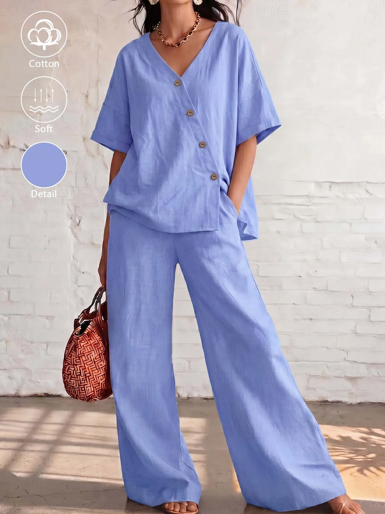 Asymmetrisches Oberteil aus 100 % Baumwolle für Damen mit Holzknöpfen und weit geschnittene Hose mit elastischem Bund und fließendem Schnitt – Lässiges Pendler-Set – Detail 15