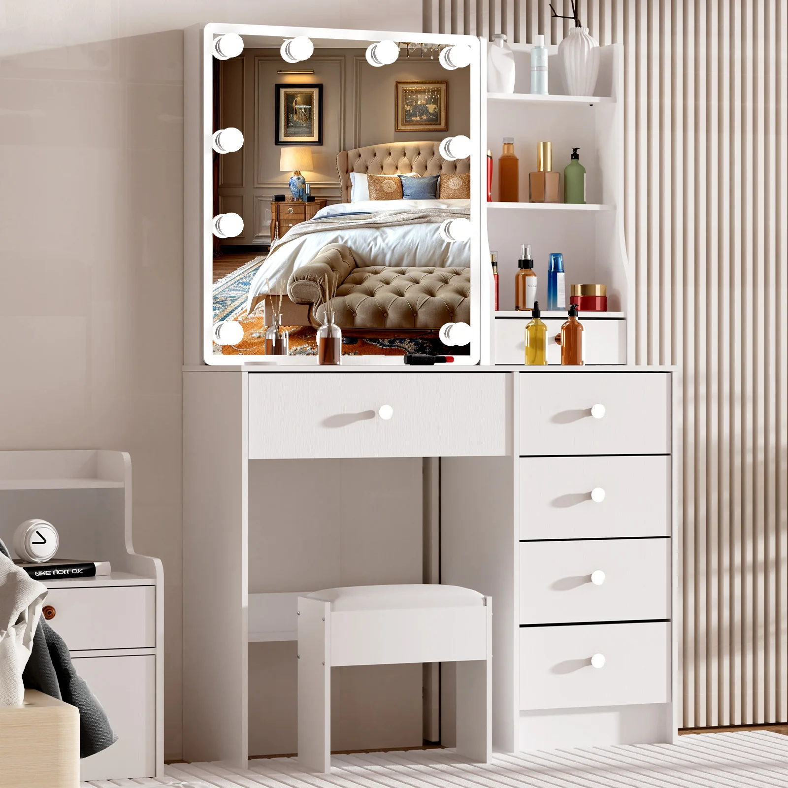 Modern White Makeup Vanity Desk with LED Lighted Mirror, 6 Storage Drawers & Comfort Stool, Dressing Table Set for Bedroom