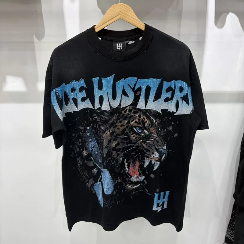 Unisex Oversize Personalized Cotton T-shirt Retro Desert Robot Graphic T-shirts for Men Rhinestone Border Fade Wash Casual Tee