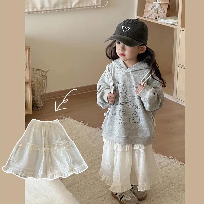 

Girls Skirts 2024 Autumn New Childrens Clothes Korean Style Lace Cake Dress Baby Girls Lotus Lace Casual Simple and Match