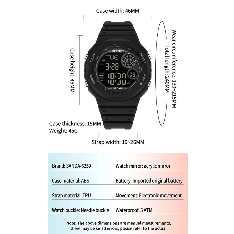 SANDA Fashion الساعات الرقمية الرياضية LED ساعات المعصم متعددة الوظائف مضيئة 50 متر مقاوم للماء تاريخ الأسبوع طالب ساعة إلكترونية