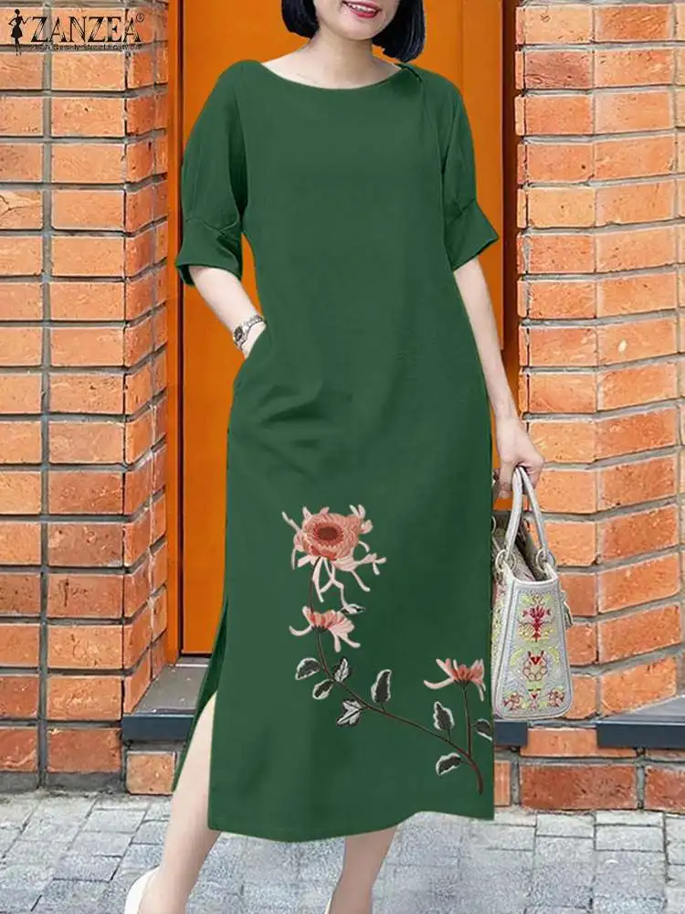 Summer Fashion Embroidery Floral Sundres ZANZEA Women Half Sleeve Party Work Dress Elegant Robe Femme Split Hem Midi Vestidos