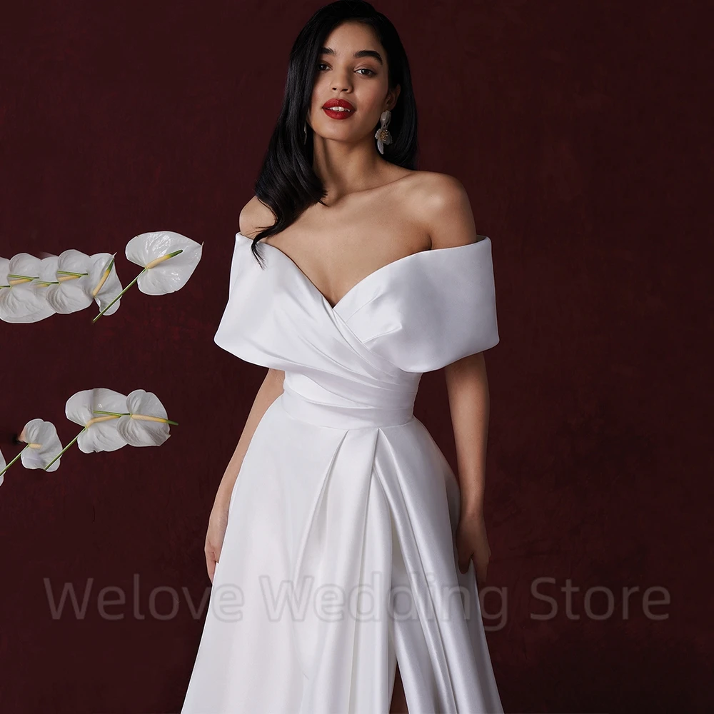 Classic Off the Shoulder Satin Bridal Wedding Dress Side Slit Draped Floor Length V-Neck Half Back Short Sleeve Custom Gowns