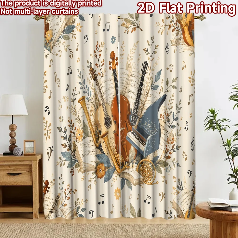 2D flat 2pcs Curtain Modern Minimalist Style Curtains Vintage Musical Instruments Digitally printed polyester, colorfast Festive