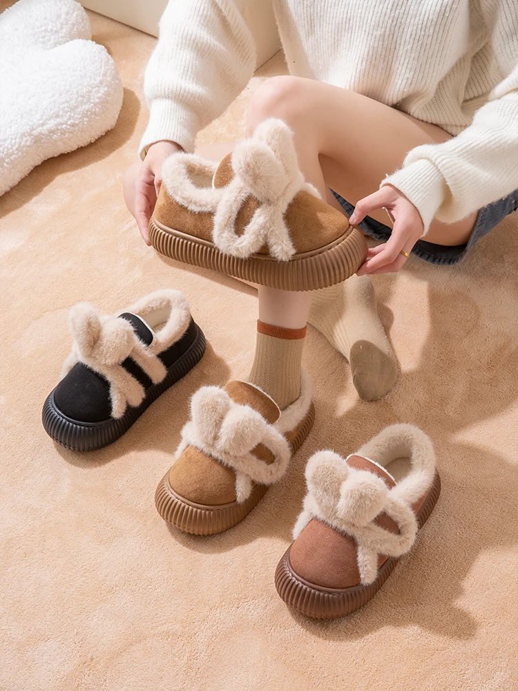 Cotton Household Shoes For Women Winter Plush Rabbit Ears EVA Thick Sole Home Slippers Indoor Cotton Shoes Ankle Snow Boots