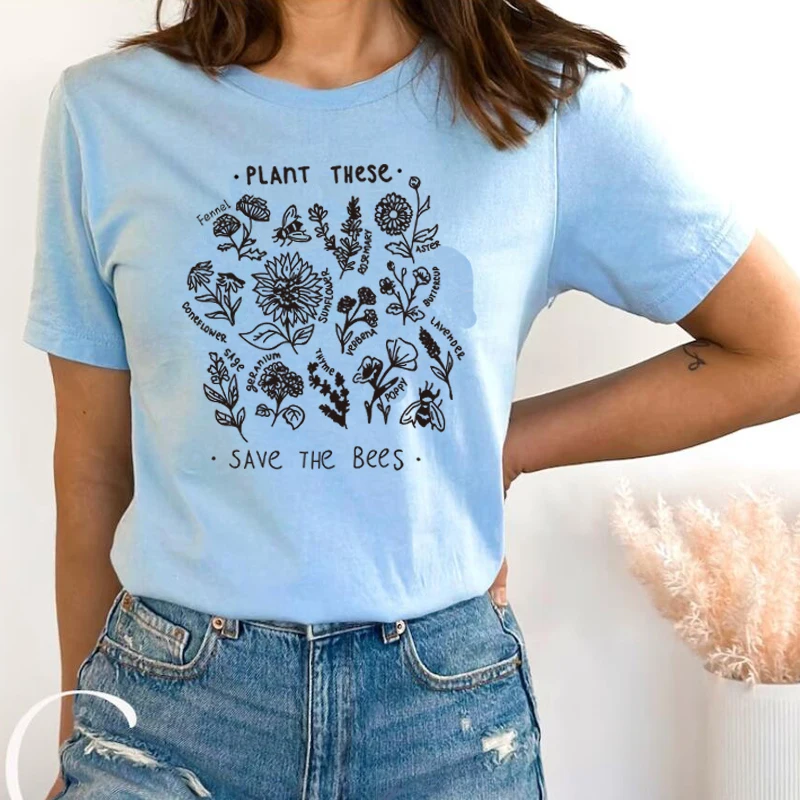 Summer Fashion Y2k 2000s Grunge Clothes Harajuku Women T Shirt Plant These Save The Bees Graphic Tee Vintage Flowers T-shirt