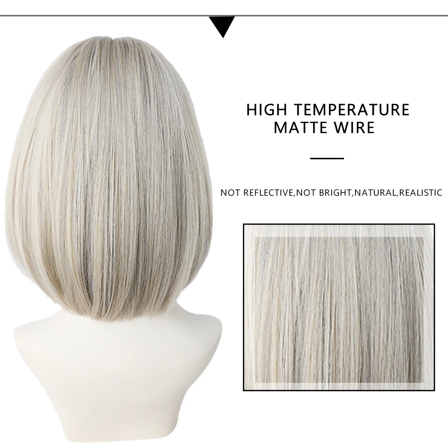 Short Straight Synthetic Wigs for Women White Grey Hair Bob Wigs with Bangs Daily Cosplay For Party Heat Resistant Lolita Hair