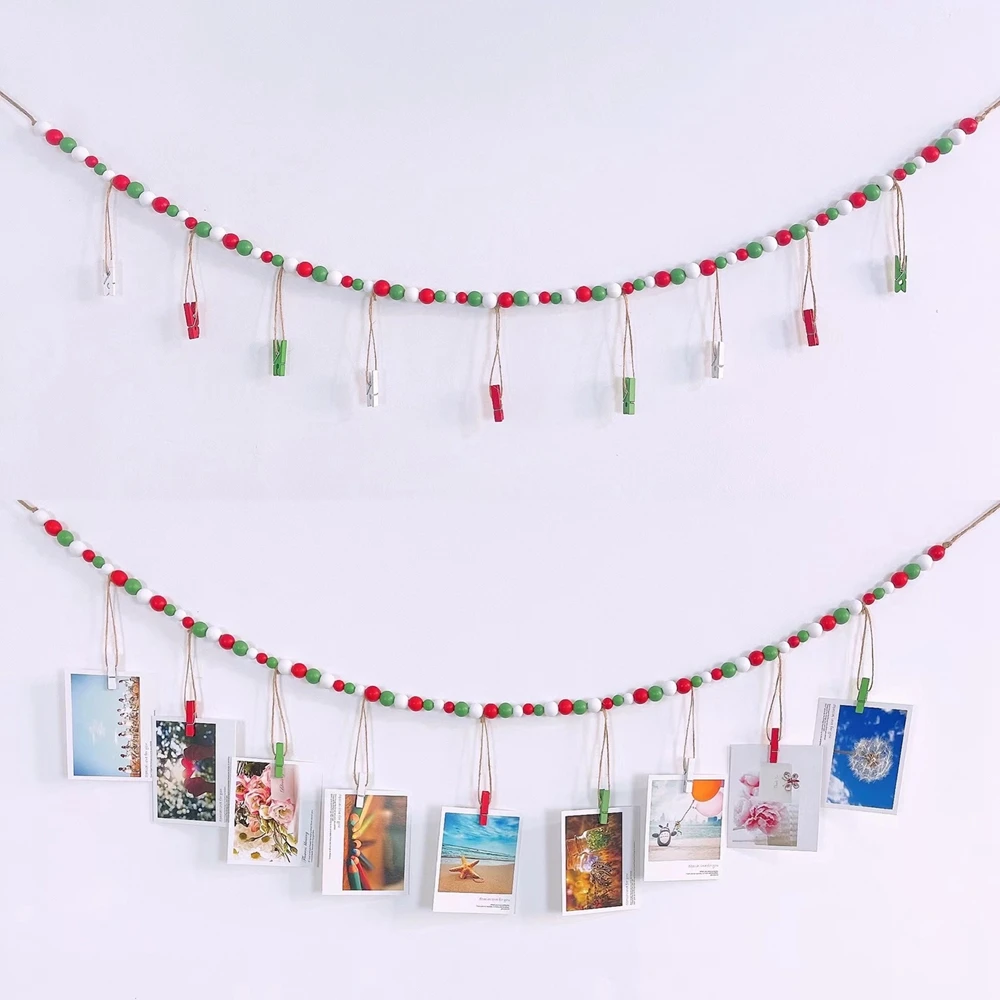 

Ins Wall Hanging Photo Display with Wooden Beads Garland Boho Style Collage Photo Frame Macrame Photo Display with Clips