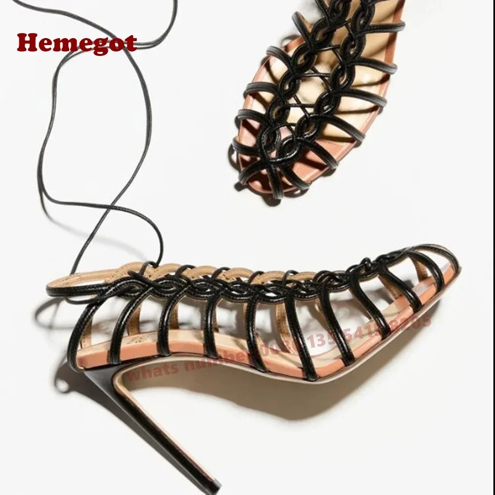 

Open Toe Side Air Twist Black Women's Sandals 2025 Cut Out Lace-Up Sandals Stiletto Heels New Summer Plus Size Thin Heeled Sexy