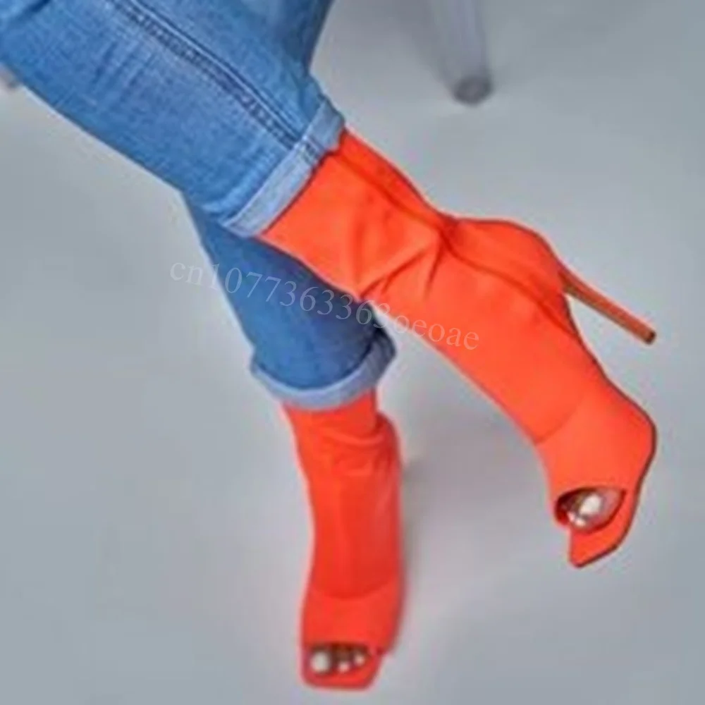 Orange Suede Pleated Mid Calf Boots Sexy Open Toe Shoes for Women Thin High Heels Fashionable Shoes 2024 Zapatos Para Mujere