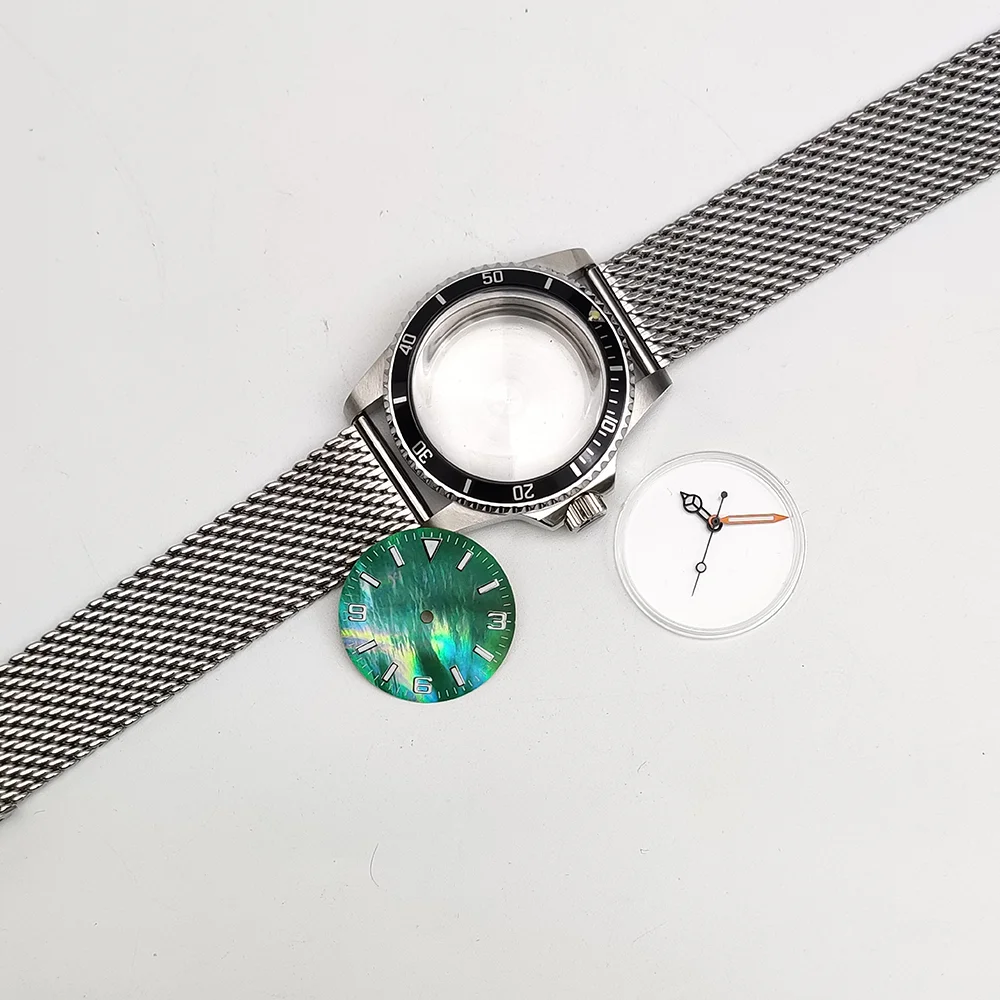 39.5MM Vintage Case With Four Sides Polished Mesh Strap Suitable For NH35/NH36/4R Movement Convex Mirror Night Light Surface