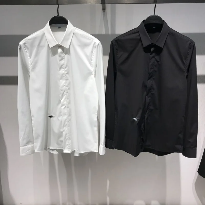 

Spring Faion Men's Casual Long Sve irt Bee Embroidery Trendy Youth Versatile Busin irt Slim Fit Square Collar