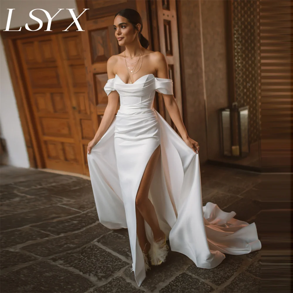 

LSYX Off-Shoulder Pleats V-Neck Crepe A-Line Wedding Dress Zipper Back High Side Slit Detachable Court Train Bridal Gown