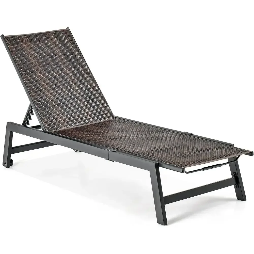 Patio Chaise Lounge Chair - Outdoor PE Rattan Recliner Chair with Wheels, 5-Position Adjustable Backrest, Steel e, Wicker Tannin