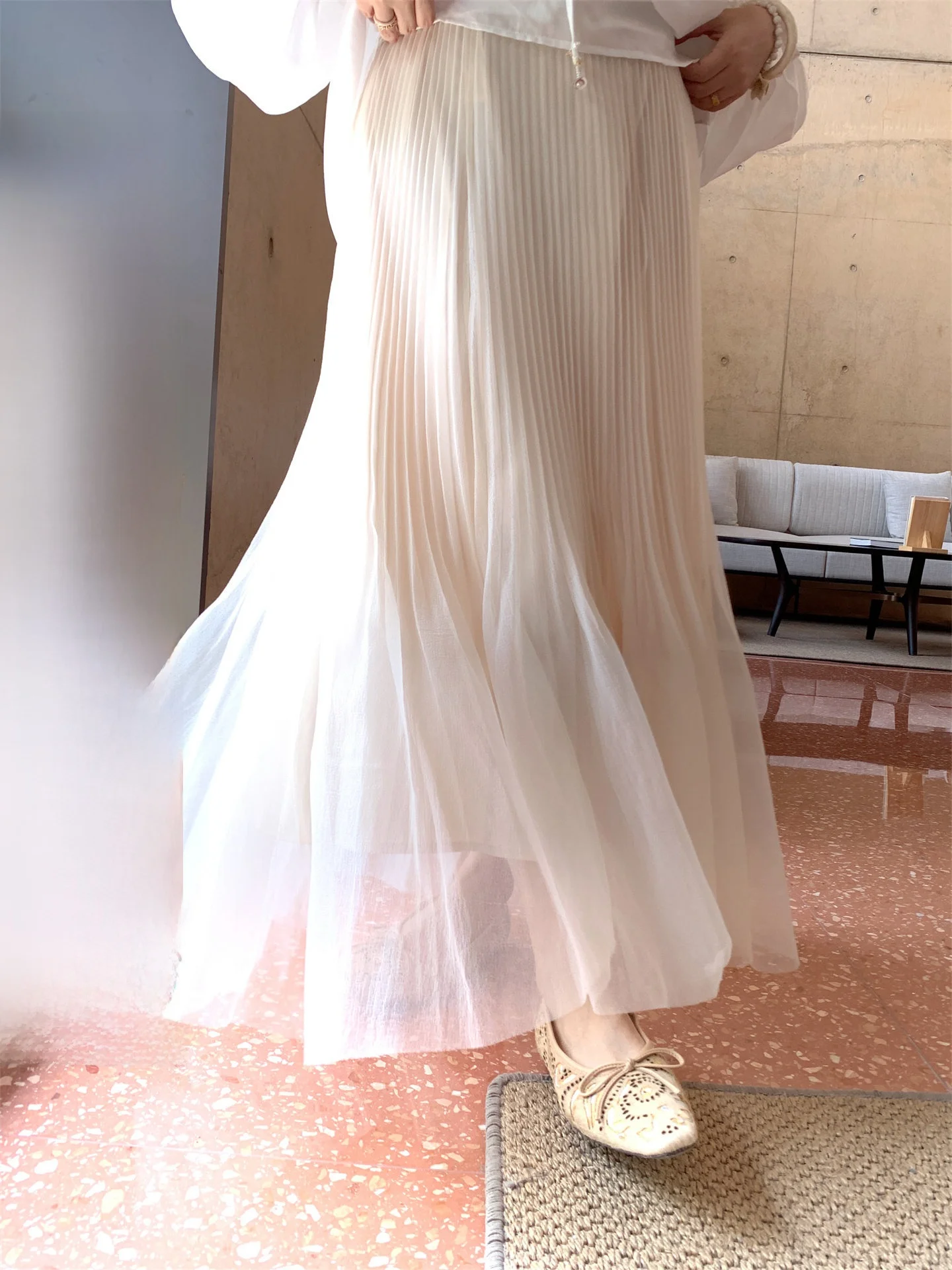 

TheWangs Gentle Wind Double Layered Long Polyester Mesh Skirt Women's High Waist Pleated Half Body Summer Beautiful Dress