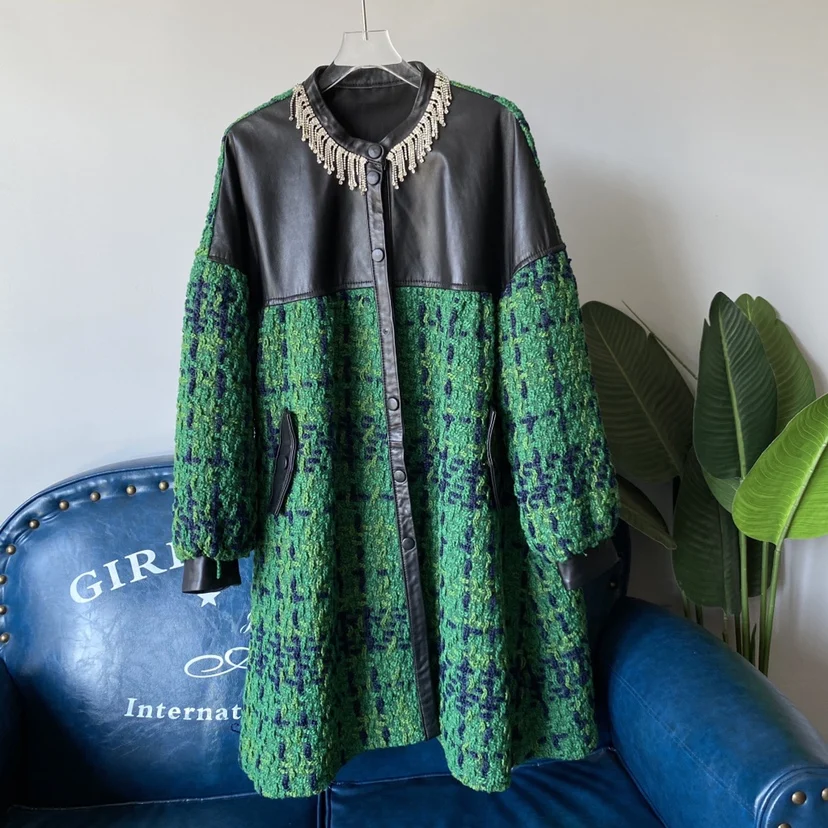 ファッショナブルな牛革パッチワークジャケット、ルーズフィット、ロング丈、ランタンスリーブ、秋冬新作、レディースプレミアムレザージャケット