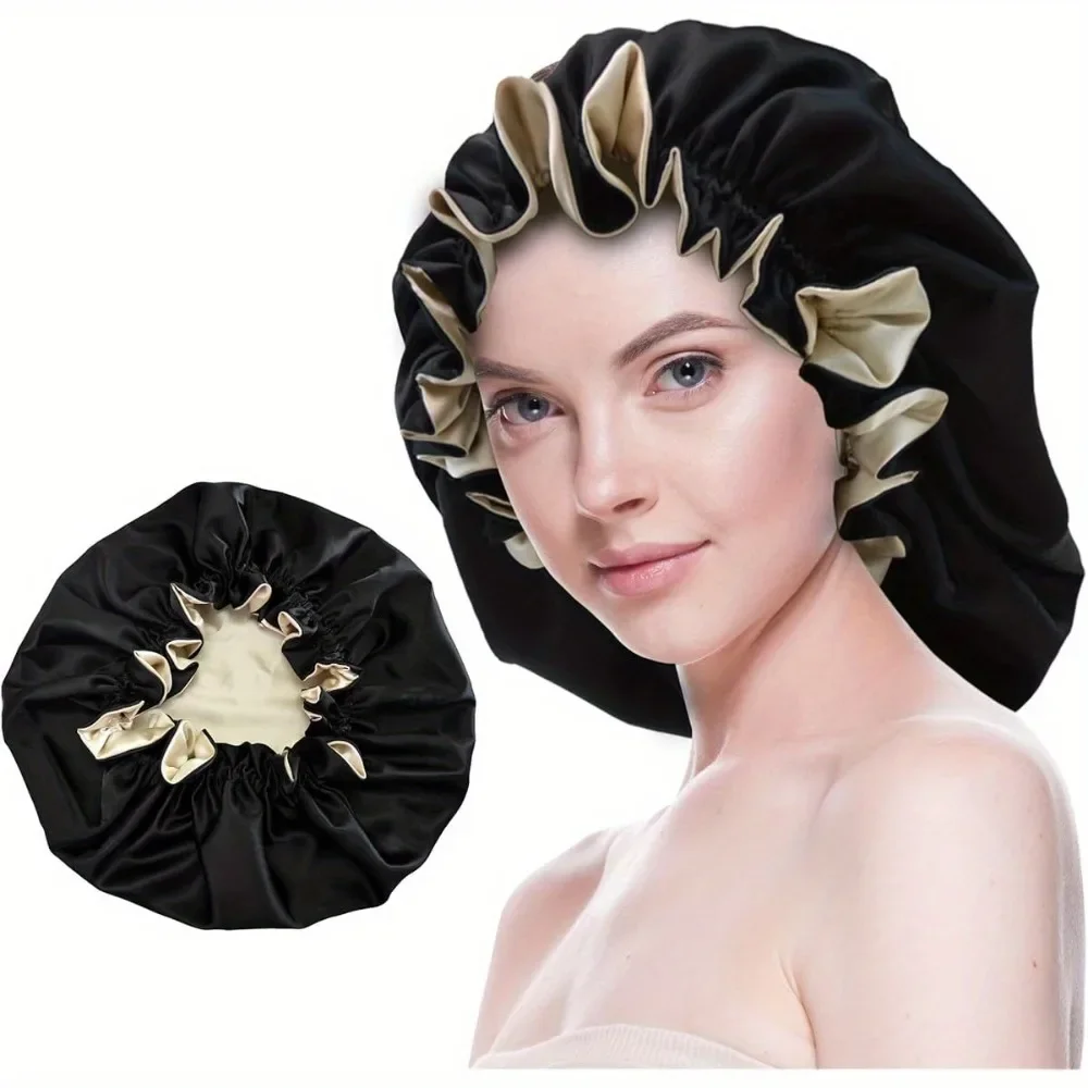 

1 шт., очень большой атласный чепчик, двухслойная шелковая шапочка для сна, регулируемая, нескользящая для женщин, вьющиеся, натуральные волосы, защита для укладки