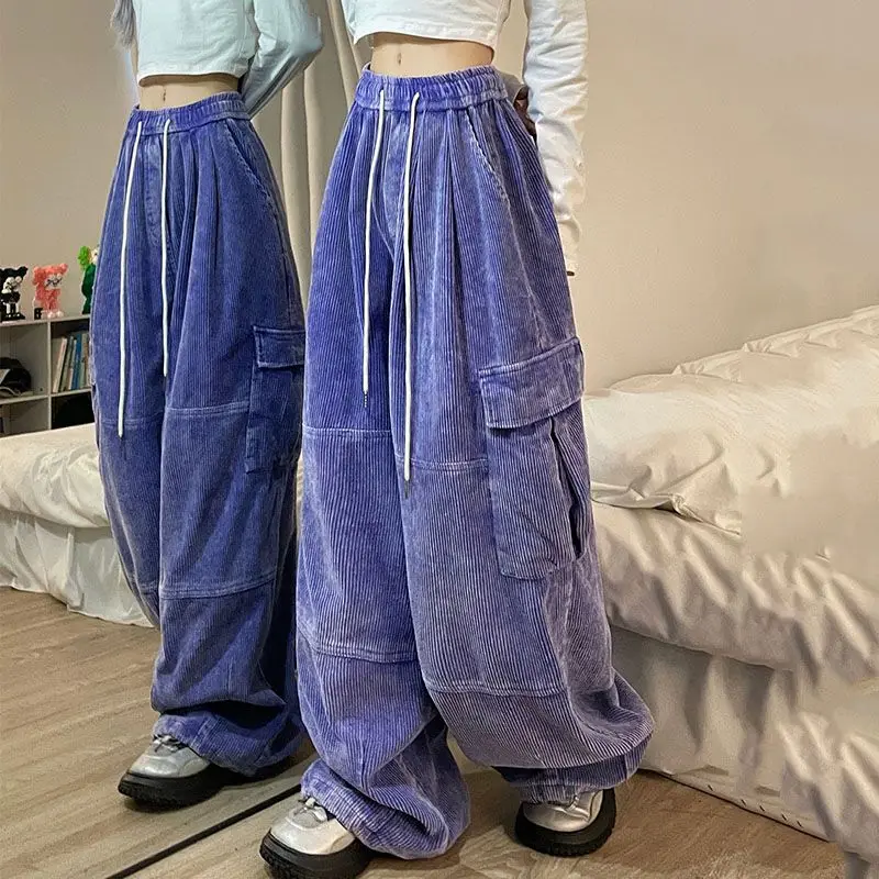 Retro Original Corduroy Cargo Pants Women's Wide-legged Mop Straight Pants Thickened Washed and Distressed