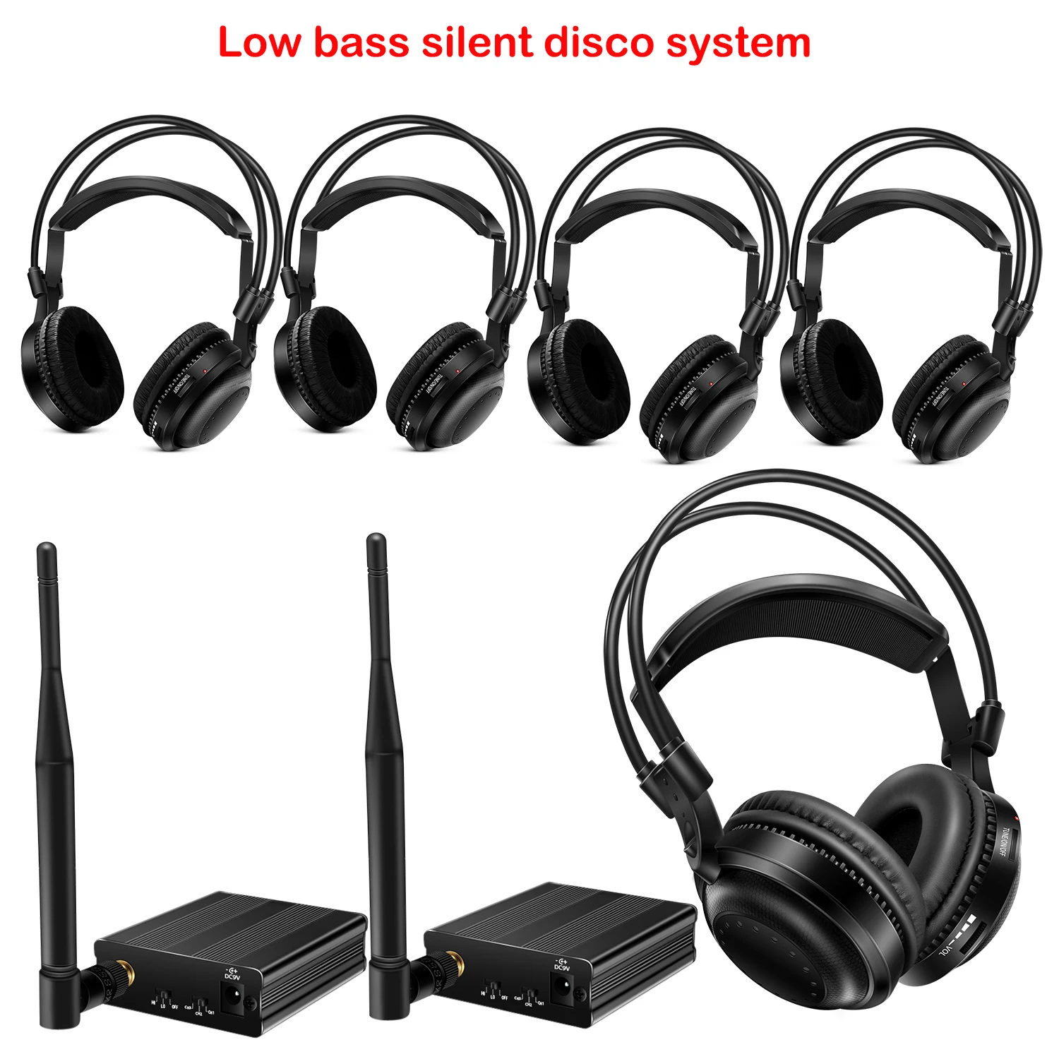 Ultra Low Bass Best Sound Quality Comfortable Silent Disco Wireless Headphones Package with 2 transmitters 500m for Parties