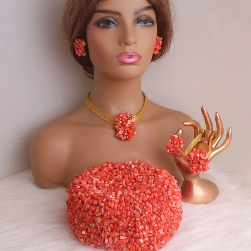 4ujewelry  Nature Coral African Jewelry Set With Hat Ring Earrings Bracelet Necklace 5 Pieces