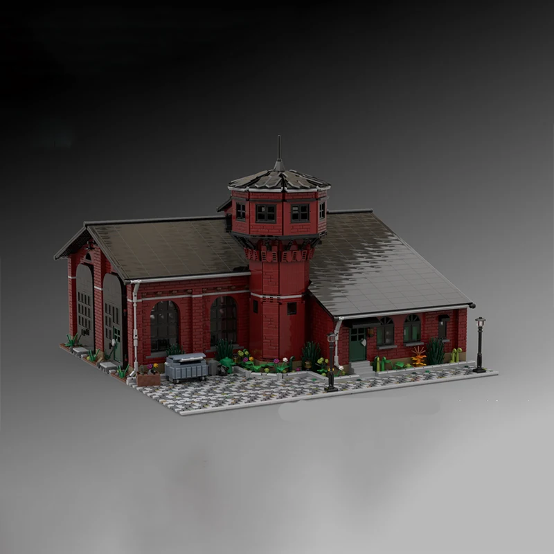 Modelo de vista de rua moc tijolos de construção locomotiva histórica galpão tecnologia modular presentes feriado montar crianças brinquedos terno