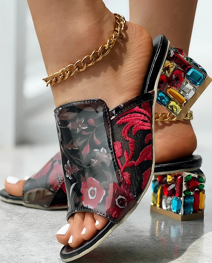 

Fish mouth women's shoes with thick heels and printed sandals