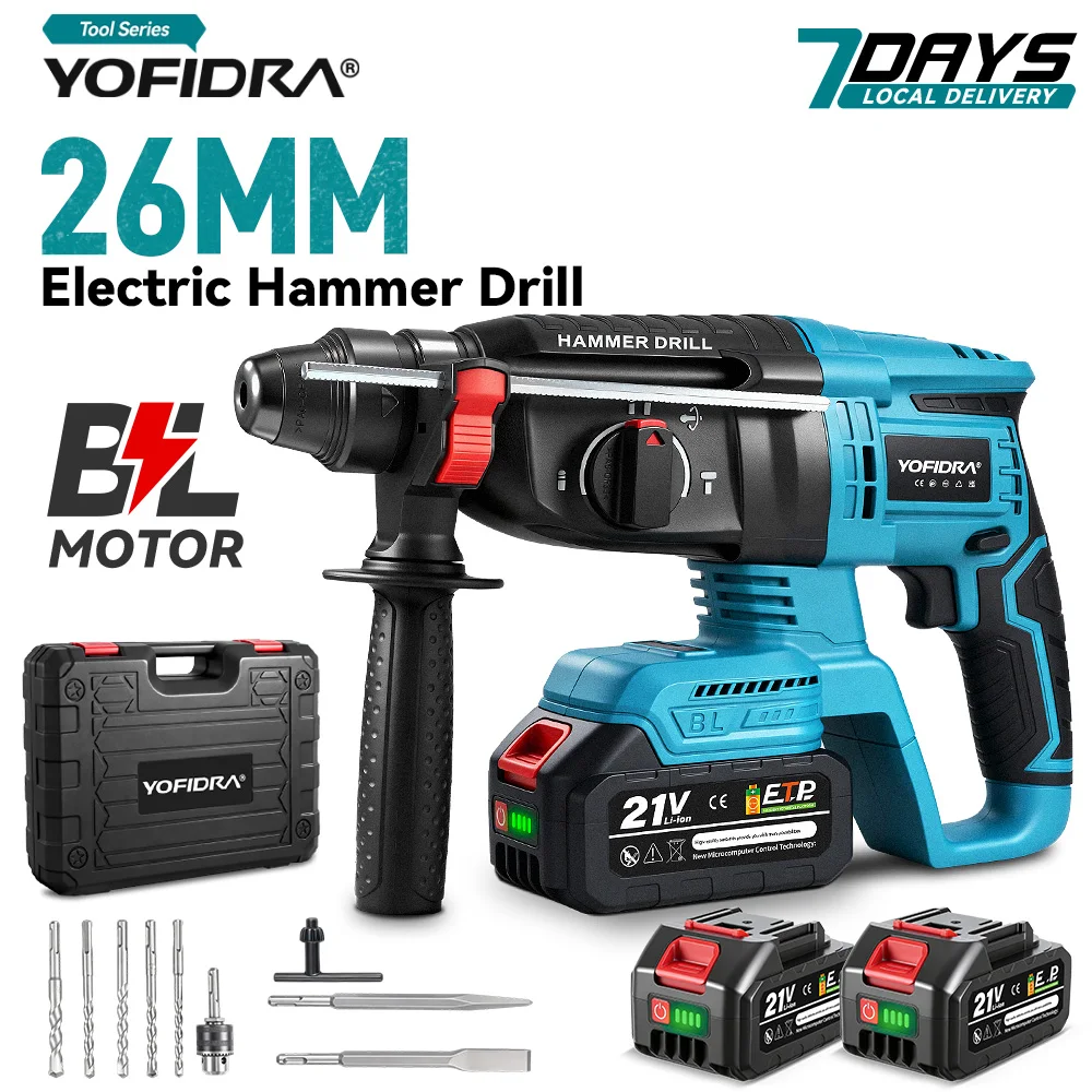YOFIDRA 4-Modus 26MM Bürstenloser Elektrischer Bohrhammer Multifunktionaler Schlagbohrer Elektrowerkzeug für Makita 21V Akku