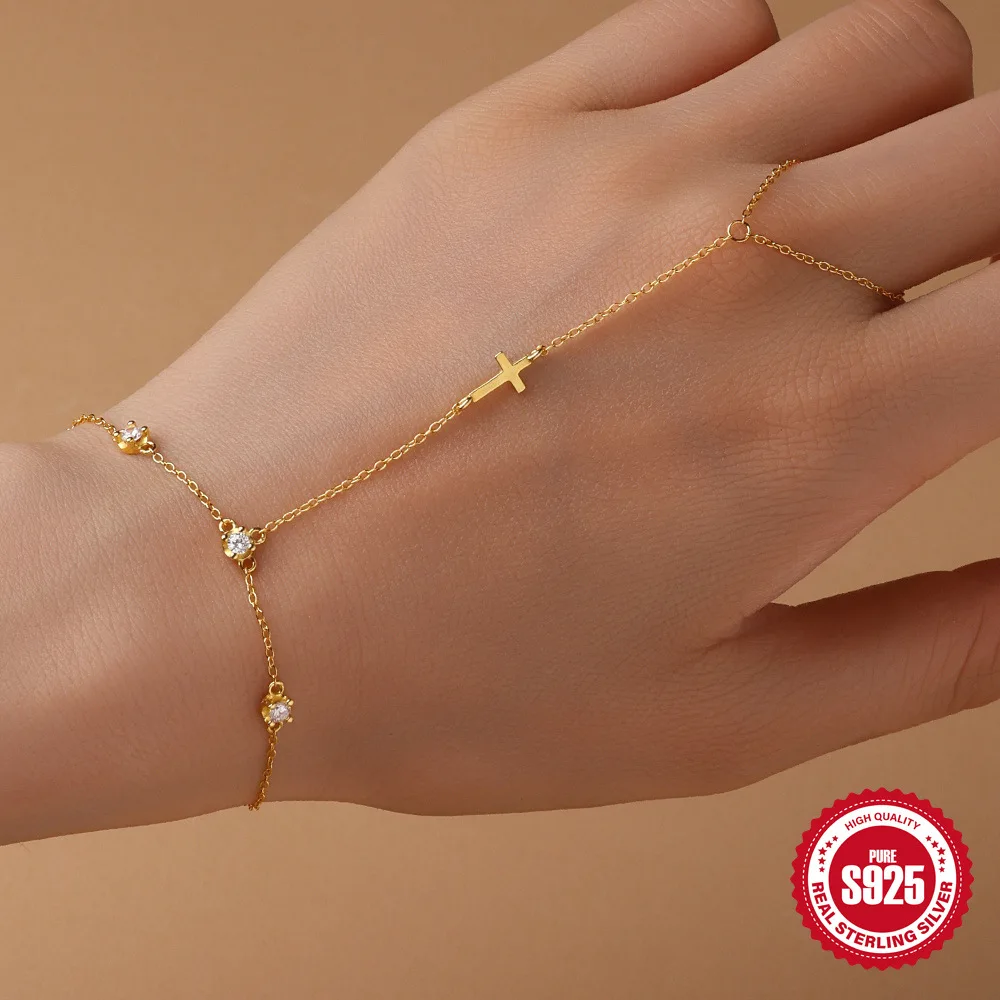 

Dawn's Jewel S925 Sterling Silver Cross Diamond Pendant Ring Bracelet Creative Link Finger Hand Jewelry Female