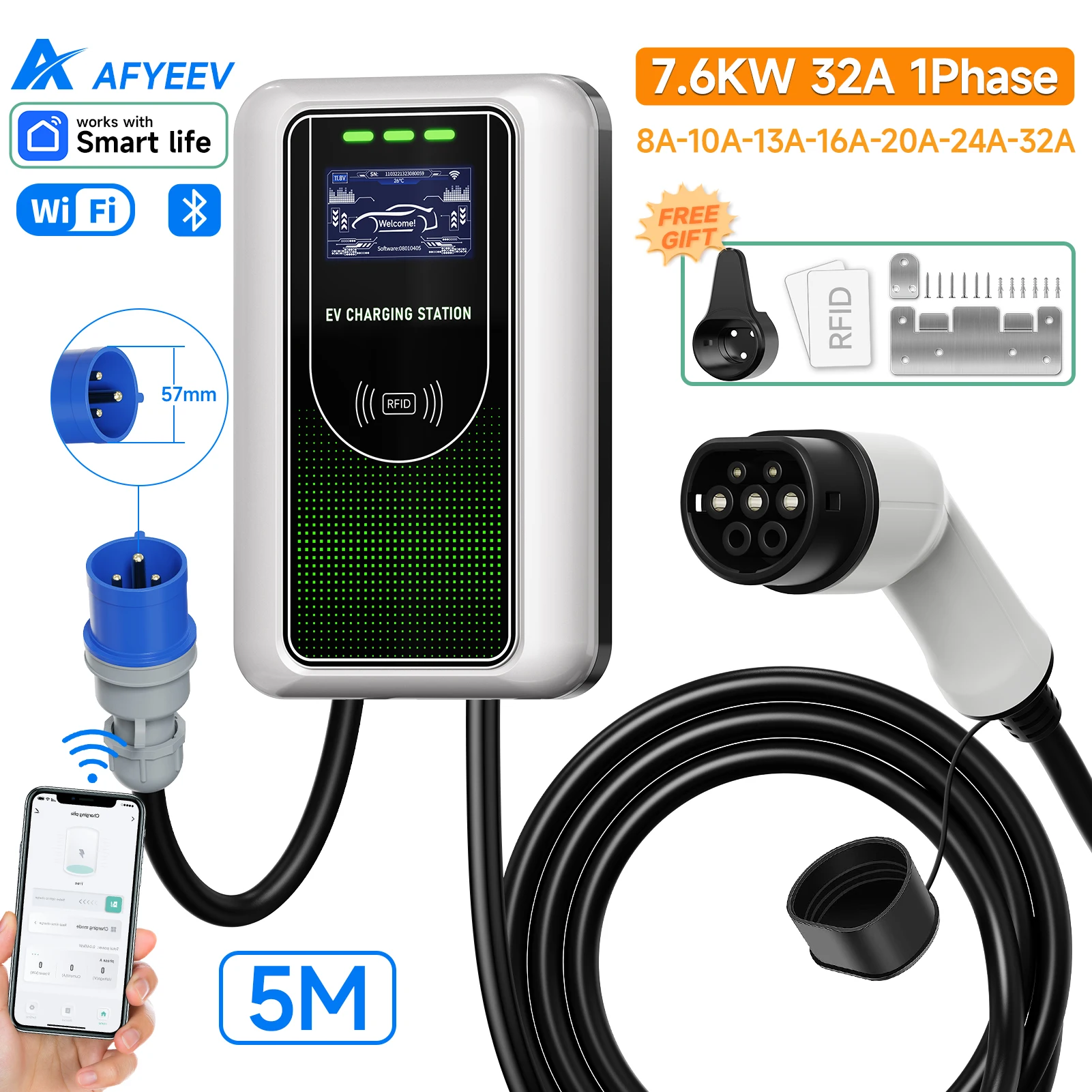 AFYEEV Type2 EV-oplader 32A 7,6KW laadstation Autolader 11KW 22KW 3 fase EVSE Wallbox APP Bluetooth WiFi-afstandsbediening