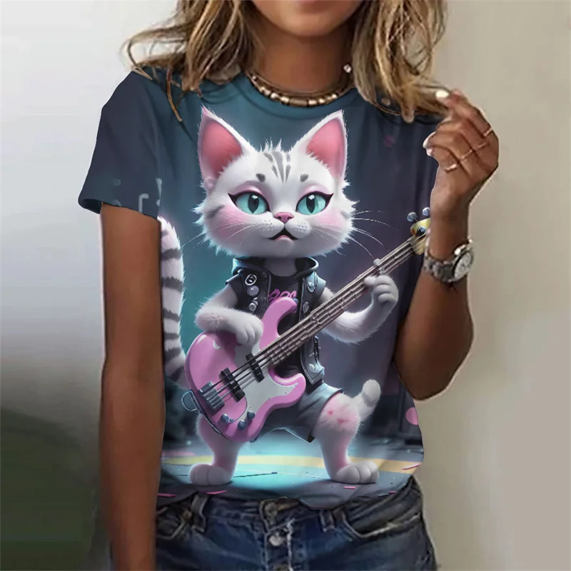 3D Printed Electric Guitar Cat T-Shirt For Women Fashion Animal Graphic Short Sleeves Summer Harajuku Loose T Shirts O-Neck Tees