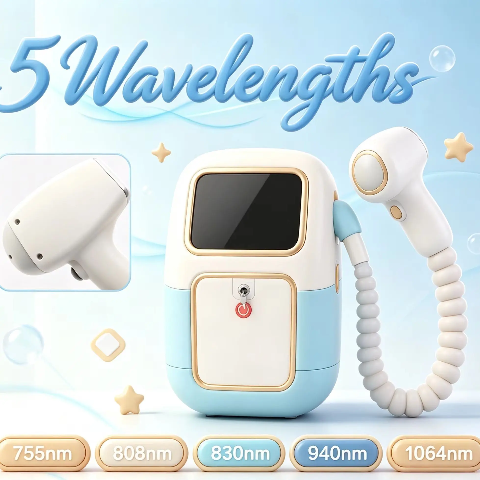 5 Wavelength Diode Laser Hair Removal Machine 755‑1064nm Ice Cooling System 4‑in‑1 Multifunctional Skin Care Beauty Device
