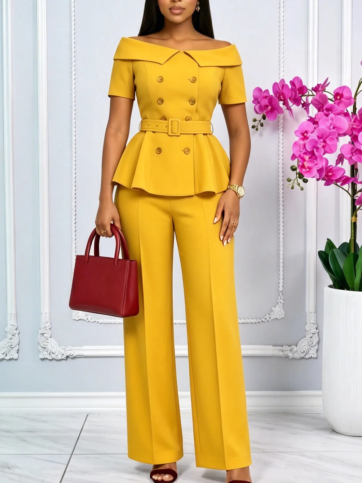 Women's Sexy One-Shoulder Short Sleeve Top with Solid Color Casual Pants Two-Piece Set Fashionable And Stylish Ensemble