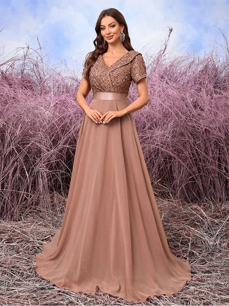 V-Ausschnitt, kurzärmelig, Lotusrosa, luxuriöses, elegantes, bodenlanges Brautjungfern-Abendkleid aus Chiffon, luxuriöses Party-Damen-Abschlussballkleid