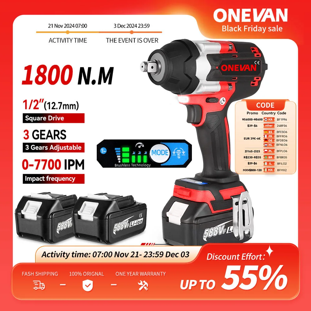 ONEVAN 1800N.M Torque Brushless Electric Impact Wrench 1/2 Inch Lithium-Ion Battery Cordless Power Tool For Makita 18V Battery