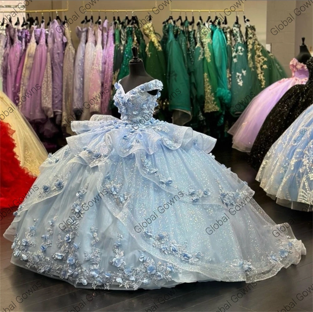 Princess Light Blue Off Shoulder Ball Gown Quinceanera Dress For Girl Bead 3D Flowers Birthday Party Gown Tiered Prom Customized