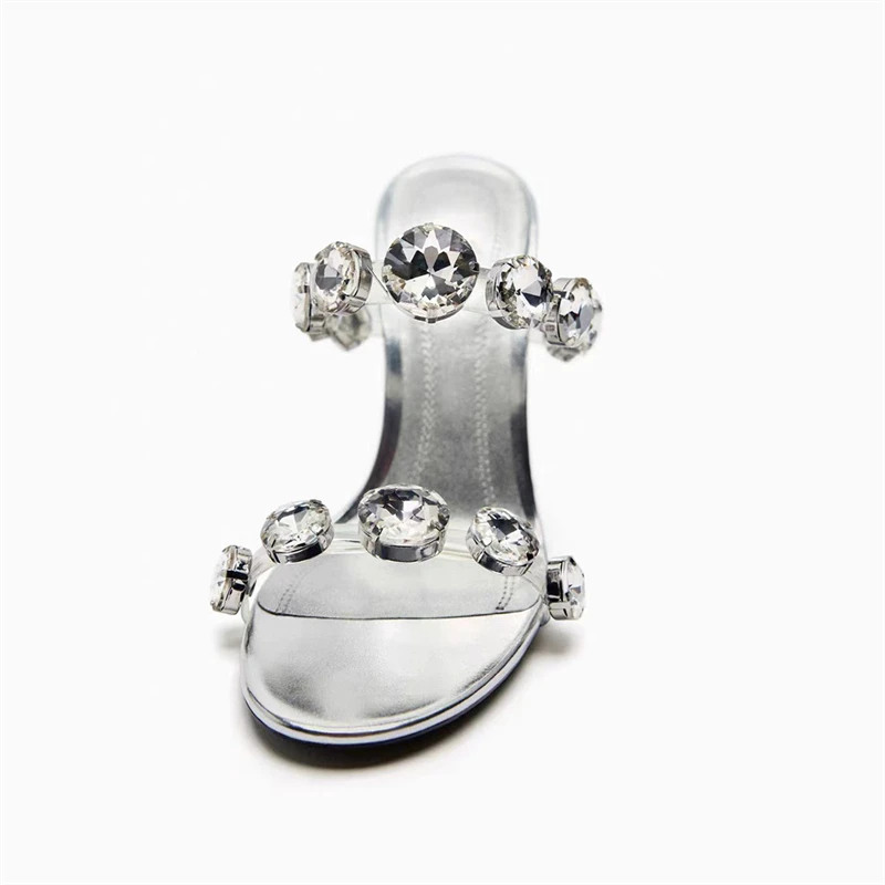 TRAF Big Rhinestone High Heel Stilettos Women Summer Point Head Open Toe Slingback Pumps Silvery Sandals Slippers For Woman