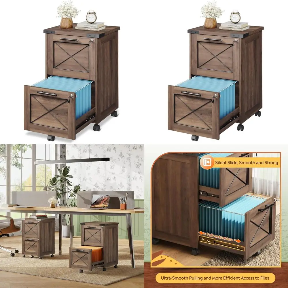 

Mobile Under Desk File Cabinet with Lock, Dark Brown, for Home Office with Printer Stand and Hanging Files