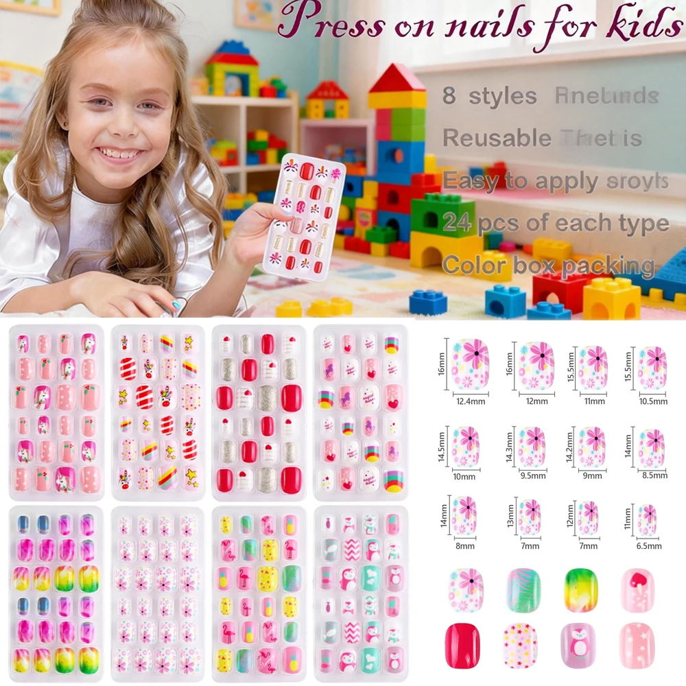 

192 шт. коротких квадратных накладных ногтей для девочек с милыми мультяшными единорогами, цветами, сердечками и радугой, полное покрытие, кавайные накладные ногти