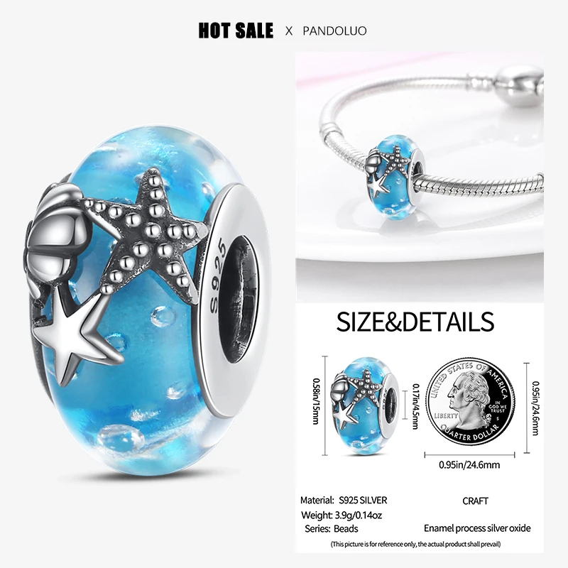 2024 Hot Sale Exquisite Gorgeous Ocean Blue Glass Charm Bead Fit Pandach Bracelet For Women Silver Pendant Beads Jewelry Gift