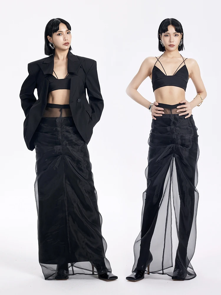 

High Waist Midi Skirt TINY in Original Design Split Pleated Two Piece Set Women's Bla Long Floor Length Me Street Sle