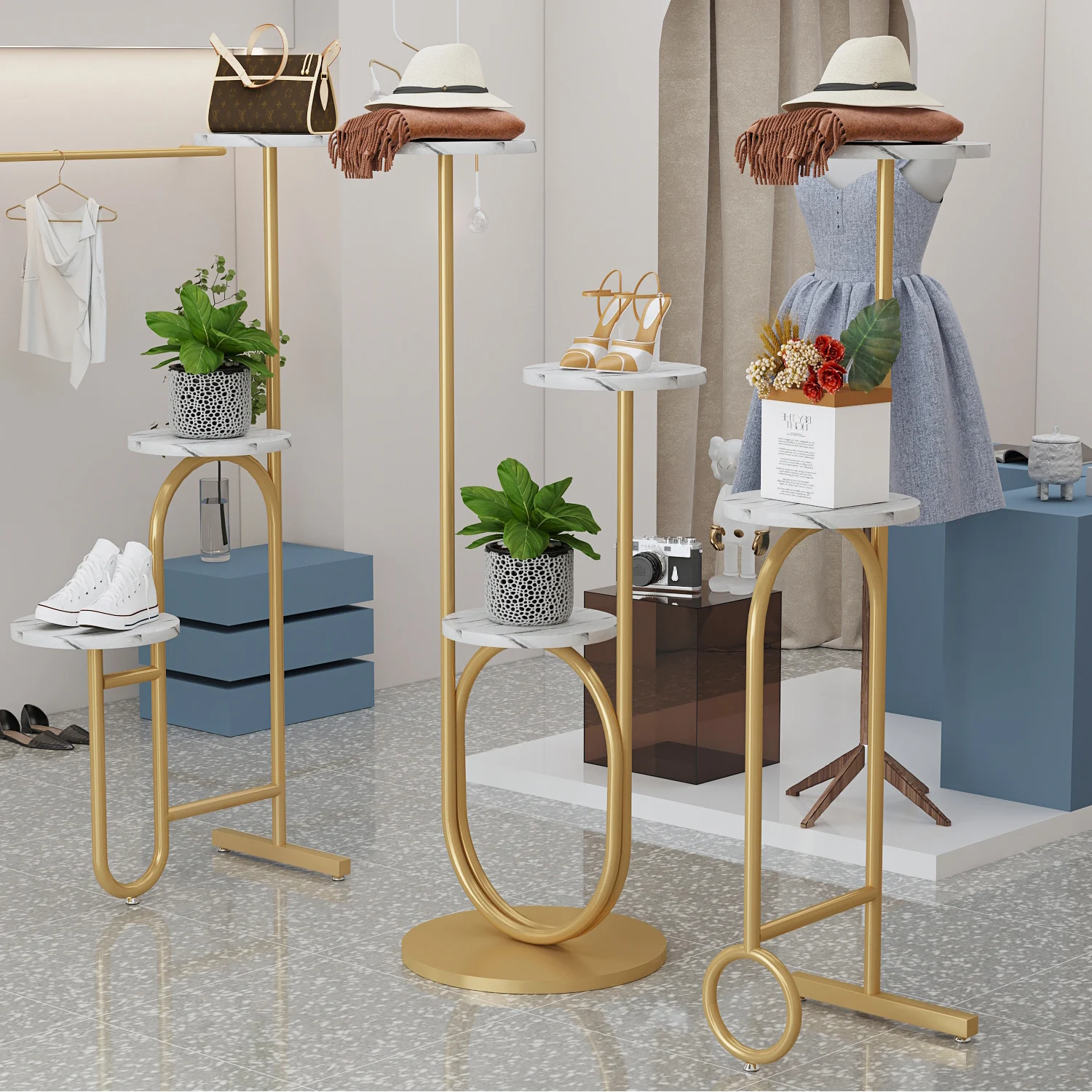 Clothing store display stand, flower shop window, shoes, bags, products, table jewelry, jewelry rack
