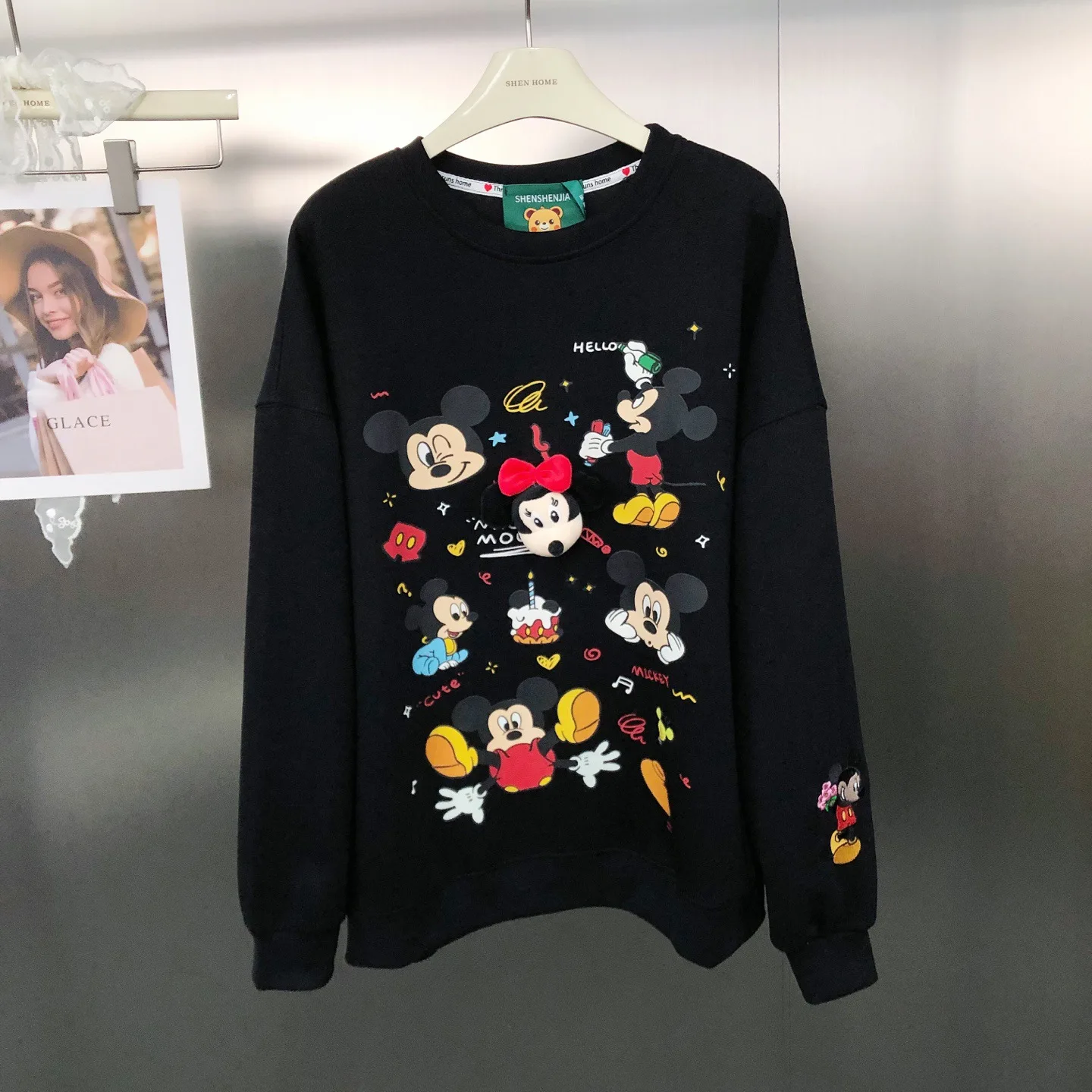 Korean Style Retro Cartoon Print Loose Versatile Pure Cotton Heavy Embroidery Cartoon Long Sleeve Sweatshirt Trendy Sweatshirts