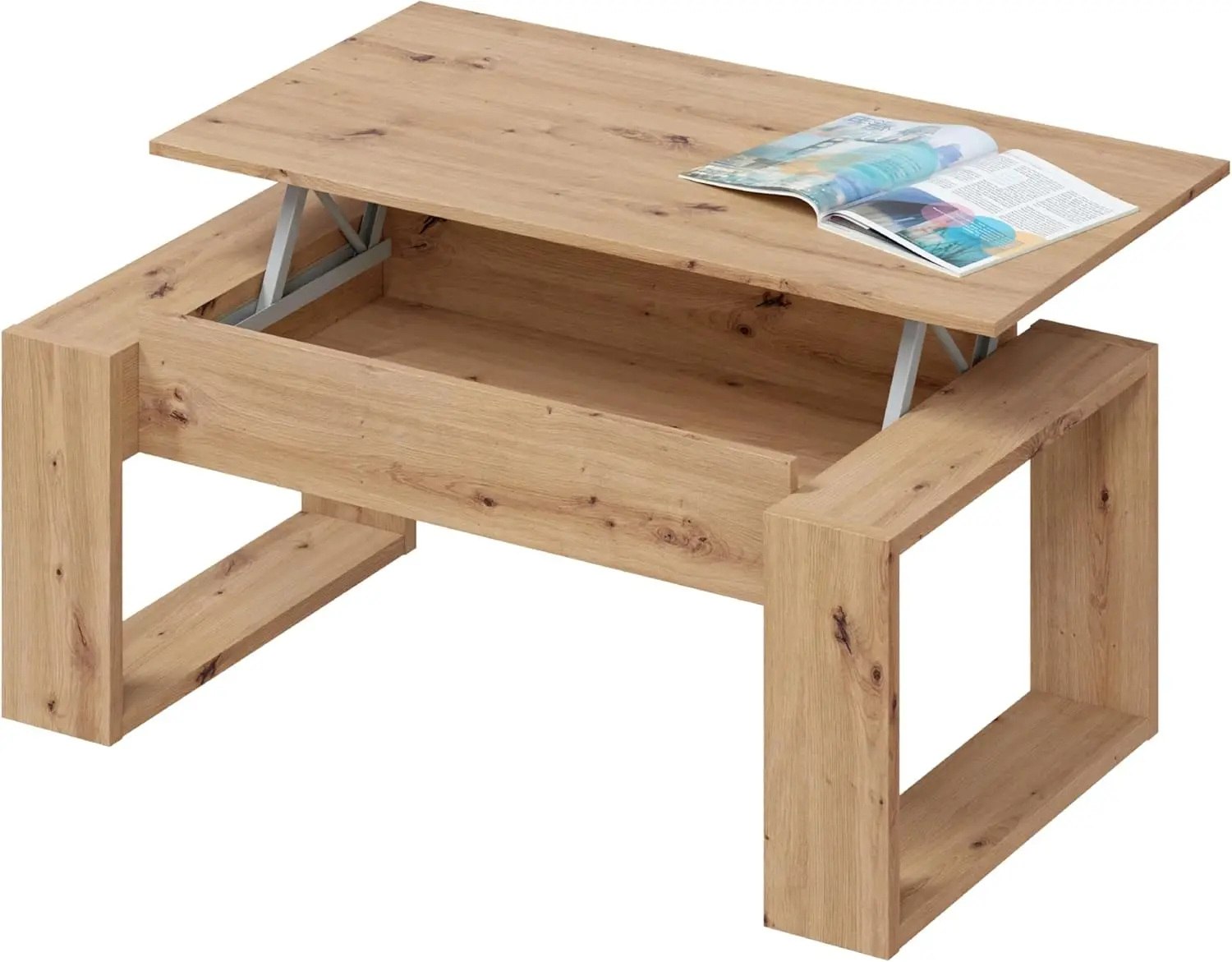 Mesa de Centro elevable Nova Color Roble Nodi y Blanco Artik salón Comedor Estilo nórdico 45-54x105x55 cm