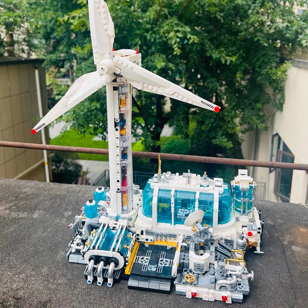 Interactive Wind Turbine Model MOC Building Block Set STEAM Educational Toy Gift for Teens Interlocking Brick Gear Drive Kit