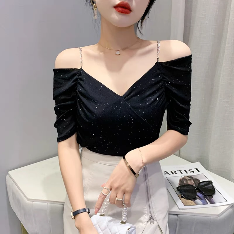 Streetwear Chic Pleated Mesh Stitching Short-Sleeved Women\'s T-Shirt 2023 Summer New Sexy Off-The-Shoulder V-Neck Girl Tees Top