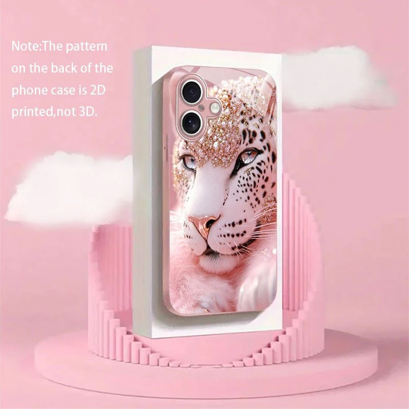 

Cute Crystal Leopard Pink Metallic Tempered Glass Phone Case For iPhone 11 12 13 14 15 16 17 Pro Max 15 14 Plus 17 Air 17E Cover